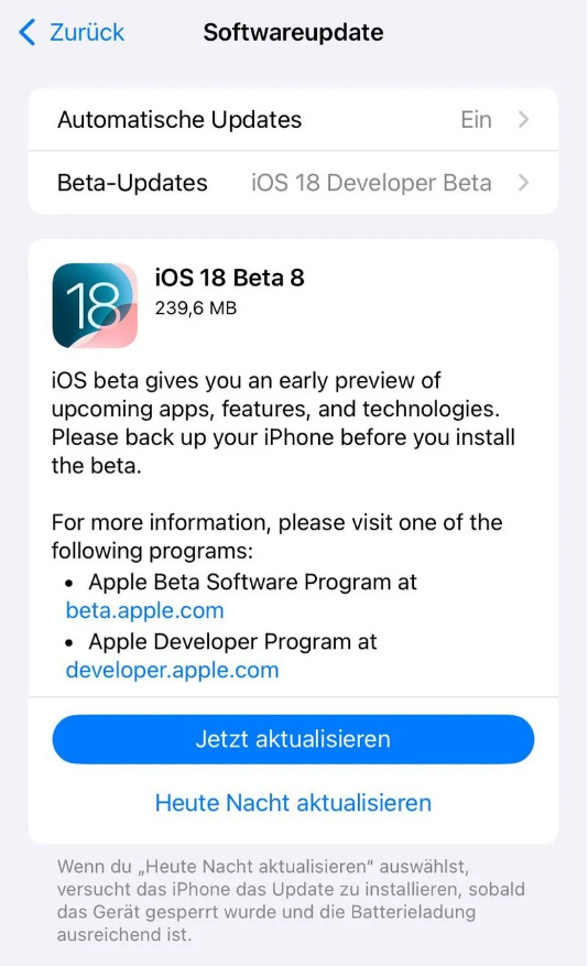 巴南苹果手机维修分享苹果 iOS / iPadOS 18 开发者预览版 Beta 8 发布 